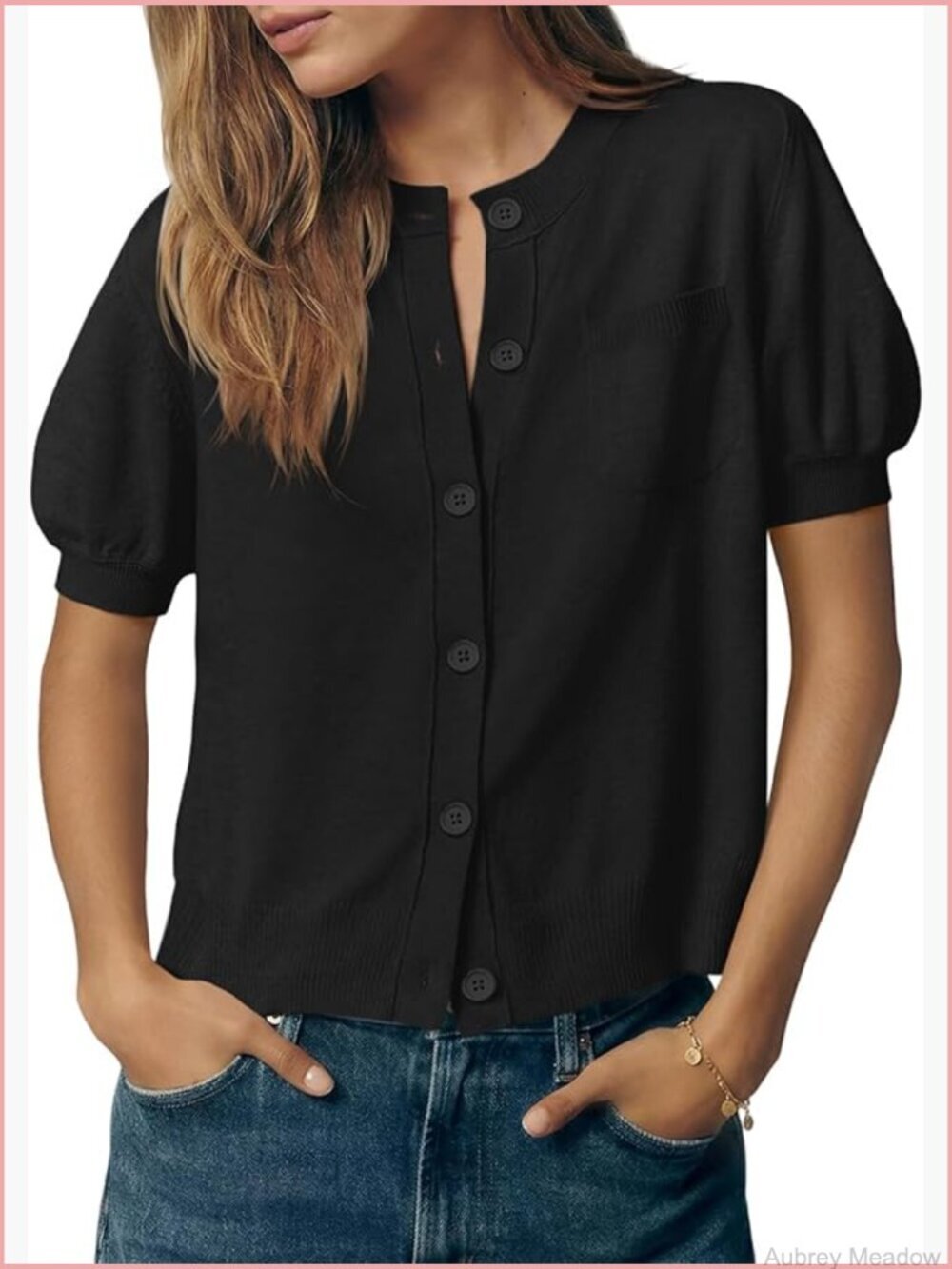 Puff Short Sleeve Cardigan - Lightweight Button Down Knit Top